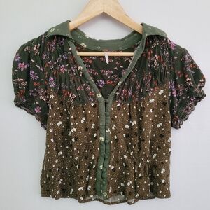 Free People Bella Blouse Womens XS Floral Forest Boho Cottage Hippie Earthy Ren
